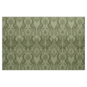 Olive Green Medieval Peacocks and Dragons Fabric