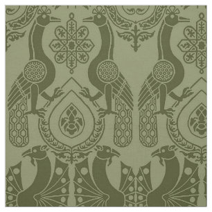Olive Green Medieval Peacocks and Dragons Fabric