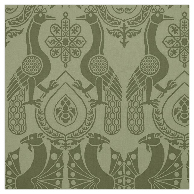 Olive Green Medieval Peacocks and Dragons Fabric (Swatch)