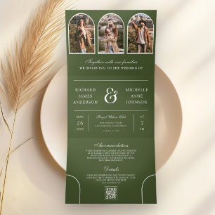 Olive Green Minimal Arch Photo QR code Wedding Tri-Fold Invitation