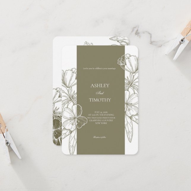 Olive Green Minimalist Floral Wedding Invitation (Front/Back In Situ)