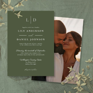 Olive Green Minimalist Monogram Photo Wedding Invitation