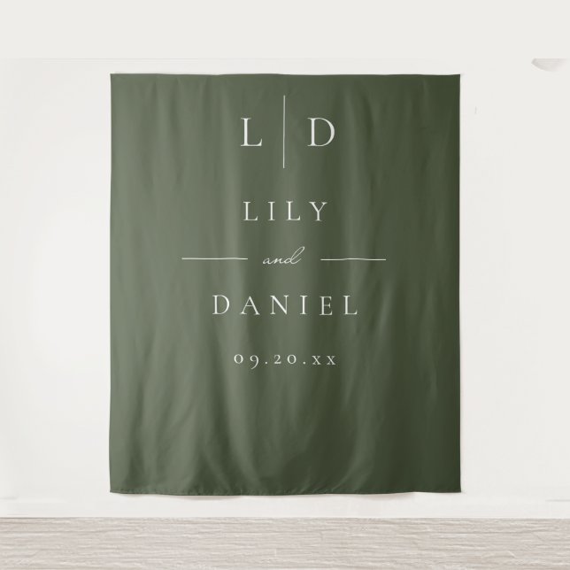 Olive Green Minimalist Monogram Wedding Backdrop Tapestry (Front)