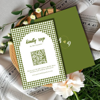 Olive green Minimalist Retro Checker Arch Wedding RSVP Card
