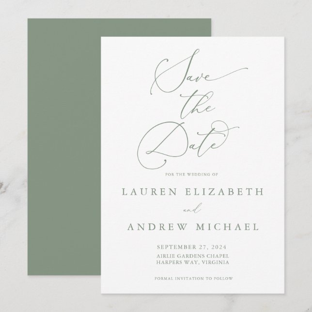 Olive Green Minimalist Save the Date Invitation (Front/Back)