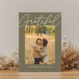 Olive Green Modern Grateful Photo Thanksgiving Holiday Card