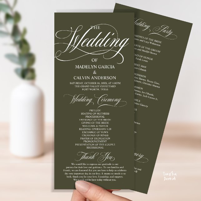 Olive Green Modern Script All In One Wedding Program (Modern Script All In One Wedding Program Card in Olive Green)