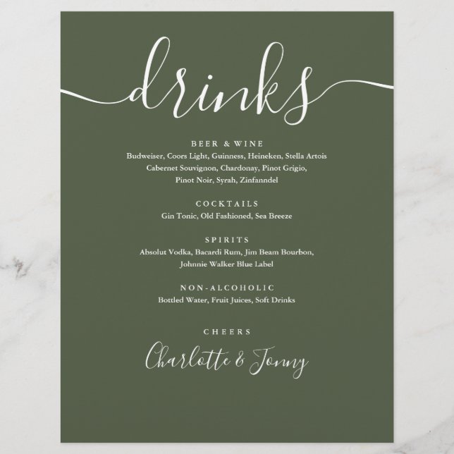 Olive Green Modern Script Wedding Drinks Menu (Front)