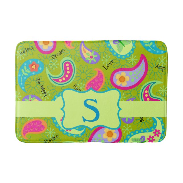 Olive Green Monogram Modern Paisley Pattern Bath Mat (Front)