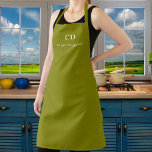 Olive green monogram name business apron<br><div class="desc">A classic olive green background. Personalize and add your monogram initials and name. Modern white block letters.</div>