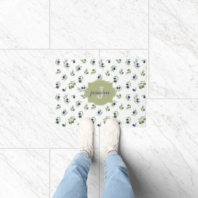 Olive Green Monogram Name Watercolor Chic Pattern Doormat (Indoor)