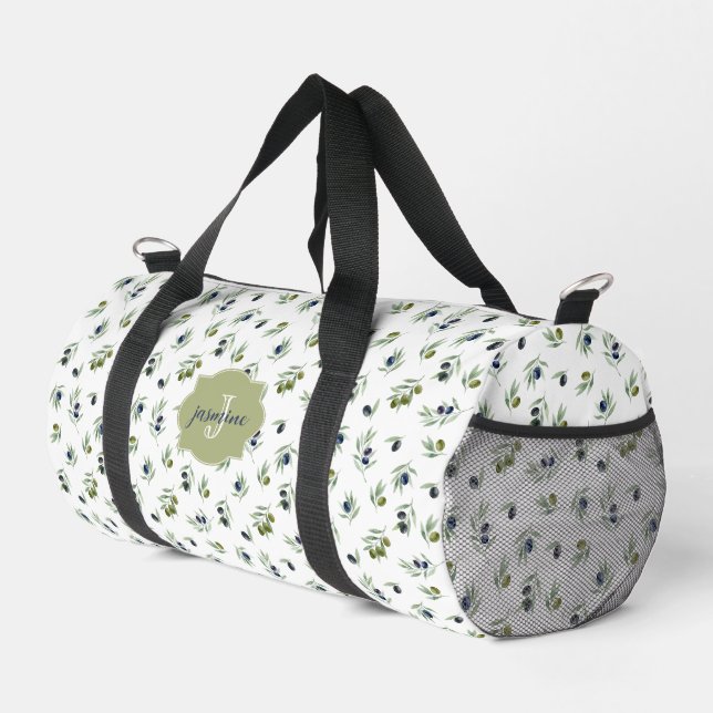 Olive Green Monogram Name Watercolor Chic Pattern Duffle Bag (Right Corner)