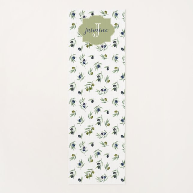 Olive Green Monogram Name Watercolor Chic Pattern Yoga Mat (Front)