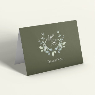 Olive Green Monogram Script Wedding Thank You Card
