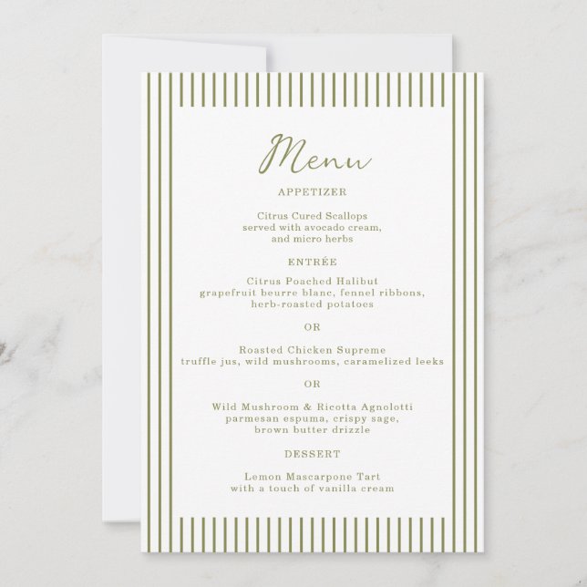 Olive Green Monogram Wedding Menu Card (Front)
