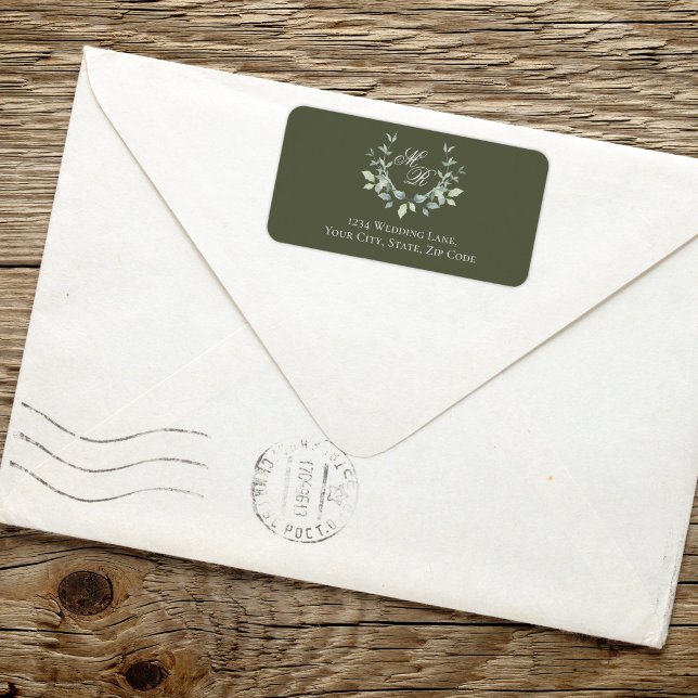 Olive Green Monogram Wedding Return Address Label (Botanical wreath monogram design perfect for rustic, garden, or boho wedding mail)