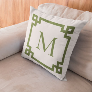 Olive Green Monogrammed Greek Key Border Throw Pillow