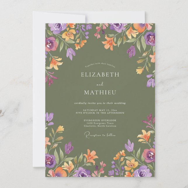 Olive Green Moody Meadow Wedding Invitation (Front)