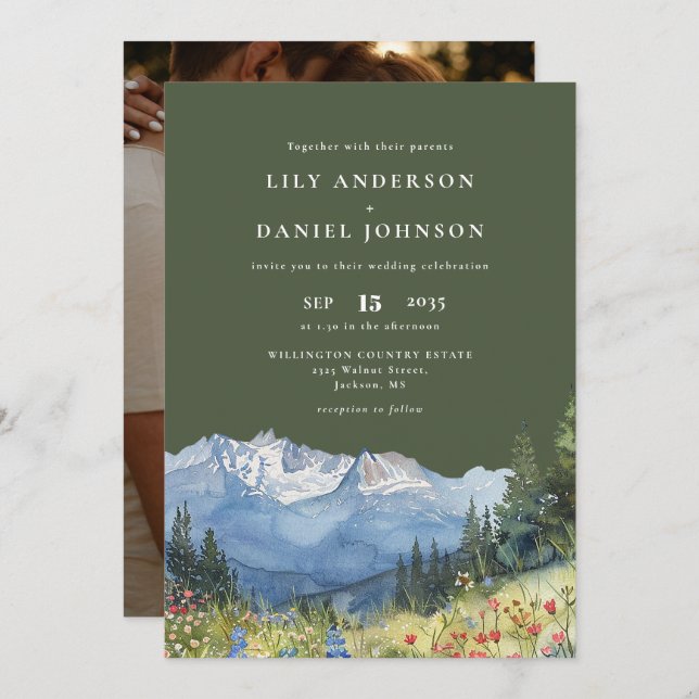 Olive Green Mountain Wildflower Photo Wedding Invitation (Front/Back)