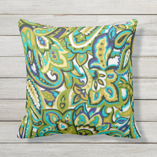Olive Green Mustard Yellow Turquoise Blue Paisley Outdoor Pillow