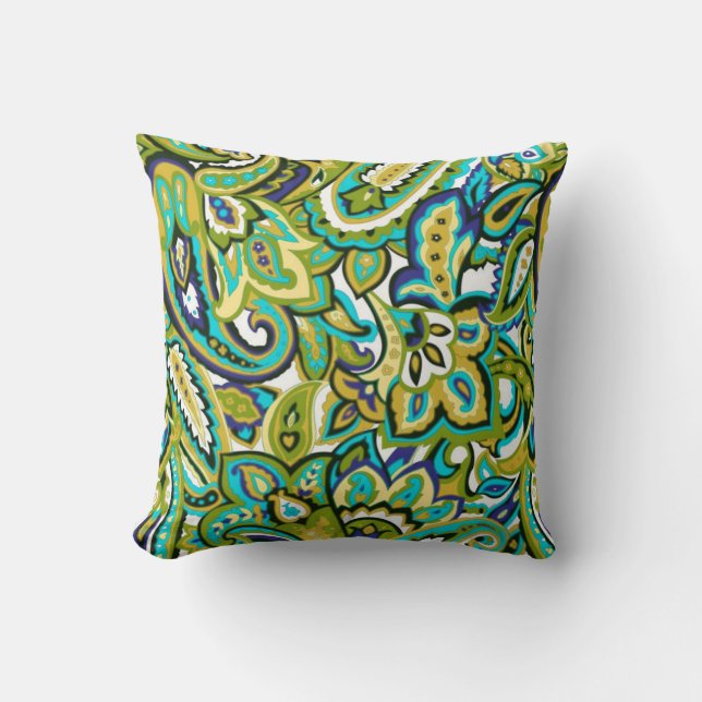 Olive Green Mustard Yellow Turquoise Blue Paisley Throw Pillow (Front)