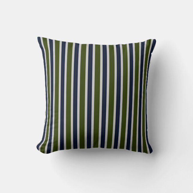 Olive Green, Navy & Gray Classic Vertical Stripes Throw Pillow (Front)