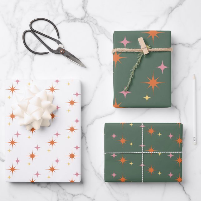 Olive Green, Orange, Pink Retro Midcentury Modern Wrapping Paper Sheet (Front)