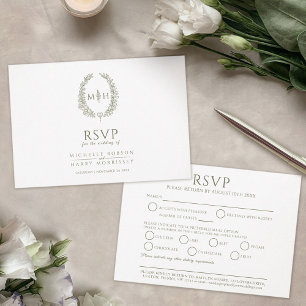 Olive green oval leaf monogram meal RSVP wedding Card