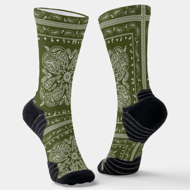 Olive Green Paisley Bandana Print Socks (Angled)