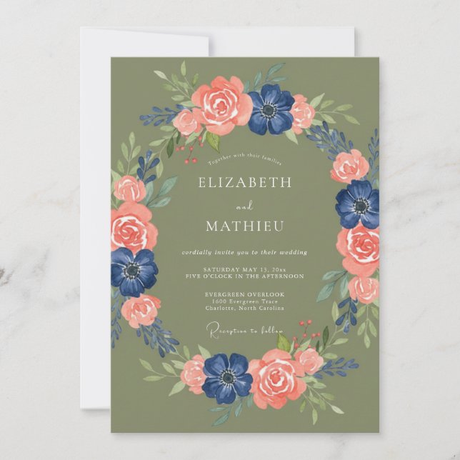Olive Green Peach Floral Rustic Wedding Invitation (Front)