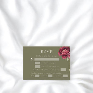 Olive Green Peony Floral RSVP Card