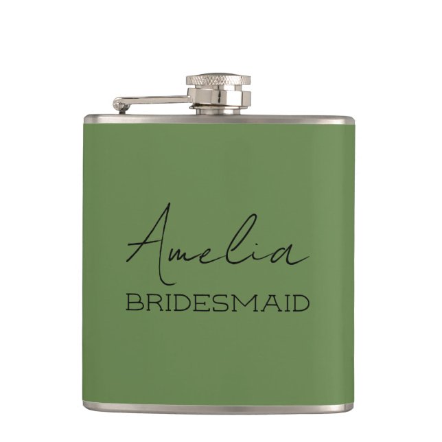 Olive Green Personalized Bridesmaid Hip Flask (Front)