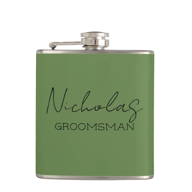Olive Green Personalized Groomsman Hip Flask (Front)