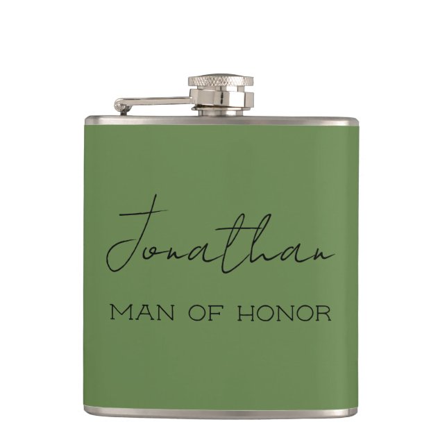Olive Green Personalized Man of Honour  Hip Flask (Front)