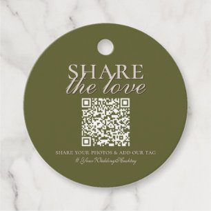 Olive Green Photo Upload QR and Wedding Hashtag Favour Tags