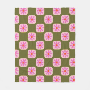 Olive Green Pink Retro Daisy Chequered Groovy Fleece Blanket