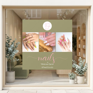 Olive Green Pink Script Logo Photo Nail Salon Window Cling