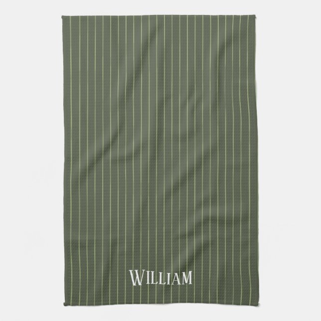Olive green pinstripes kitchen towel (Vertical)