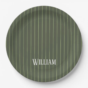 Olive green pinstripes paper plate