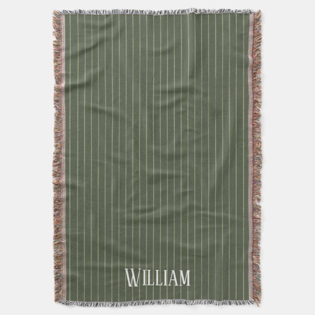 Olive green pinstripes throw blanket (Front Vertical)