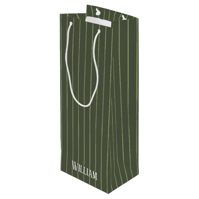 Olive green pinstripes wine gift bag (Back Angled)
