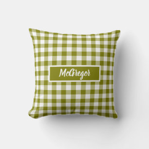 Olive Green Plaid Gingham Personalized Throw Pillow