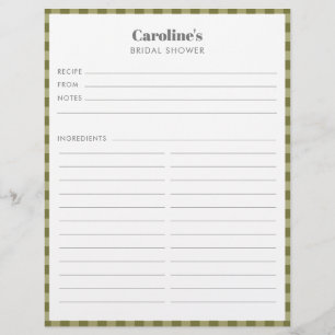 Olive Green Plaid Recipe Custom Name Bridal Shower Flyer