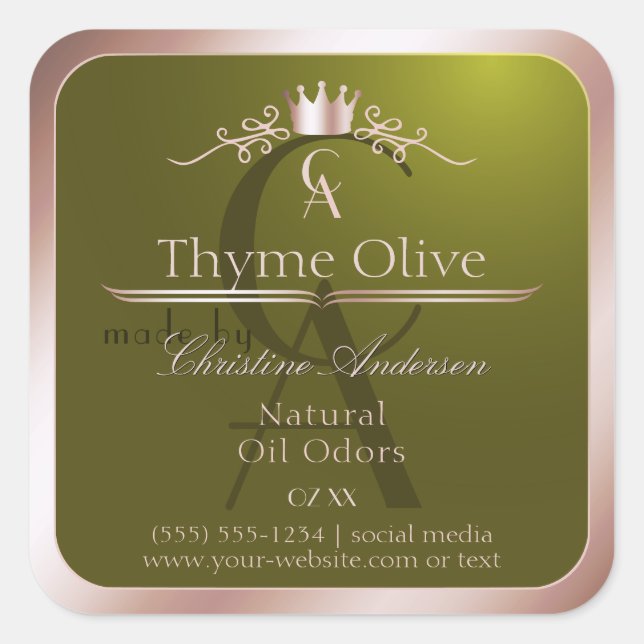 Olive Green Product Label Rose Gold Frame Monogram (Front)