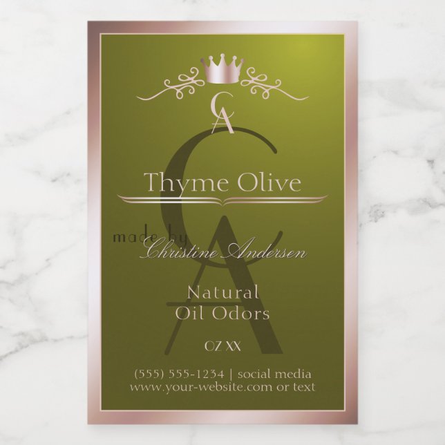Olive Green Product Label Rose Gold Frame Monogram (Single Label)