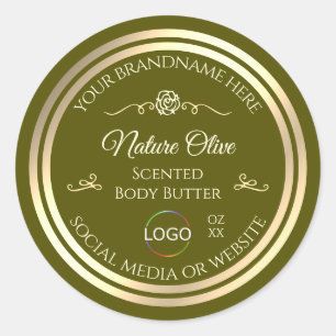 Olive Green Product Label with Gold Frame and Logo