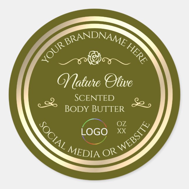 Olive Green Product Label with Gold Frame and Logo (Front)