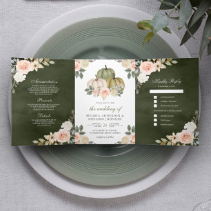Olive Green Pumpkin Dusty Peach Floral Wedding Tri-Fold Invitation
