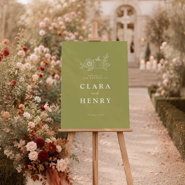 Olive Green Pumpkin Sunflower Fall Wedding Welcome Poster (Creator Uploaded)