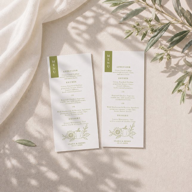 Olive Green Pumpkin Sunflower Wedding Menu Invitation (Creator Uploaded)